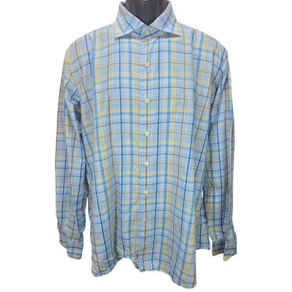 Peter Millar Mens Blue Plaid Long Sleeve Button-Down Shirt Large - Picture 1 of 6